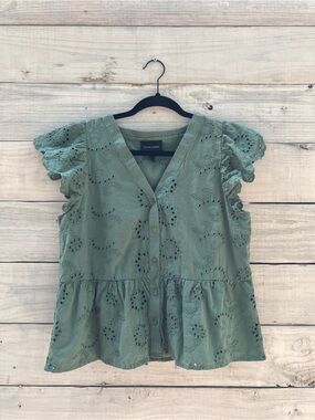 Luv Lis Angeles Eyelet Button-Front Peplum Blouse in Sage